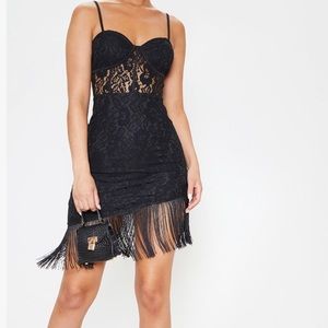 Black Lace Cup Detail Tassel Hem Bodycon Dress